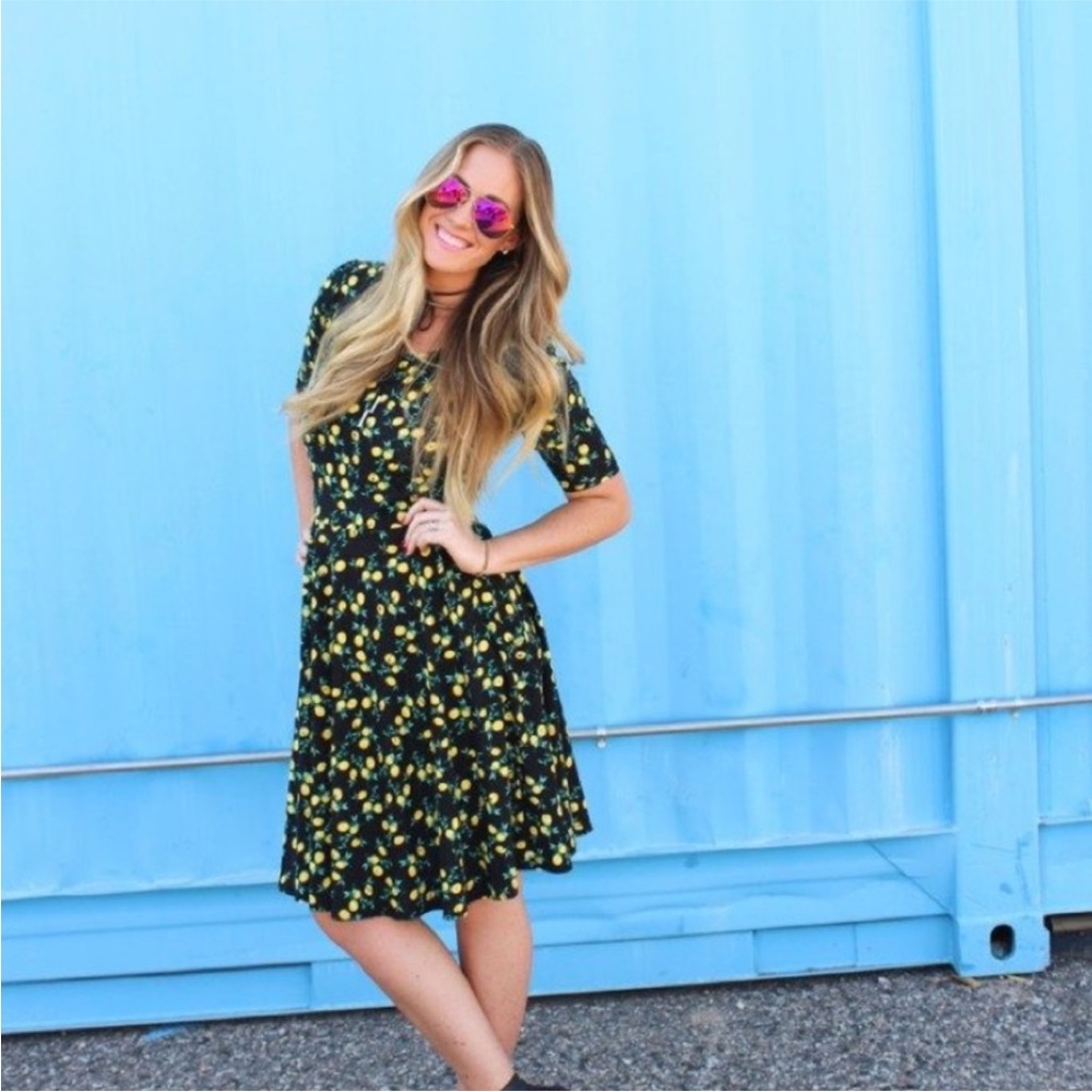 LuLaRoe Blue and Black Fit and Flare Midi Dress Nicole - Picture 2 of 6